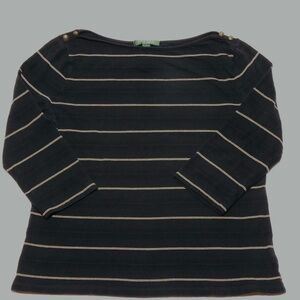 Lauren Ralph Lauren Striped Boatneck Top Sz PL Tan Black Preppy Nautical Coastal